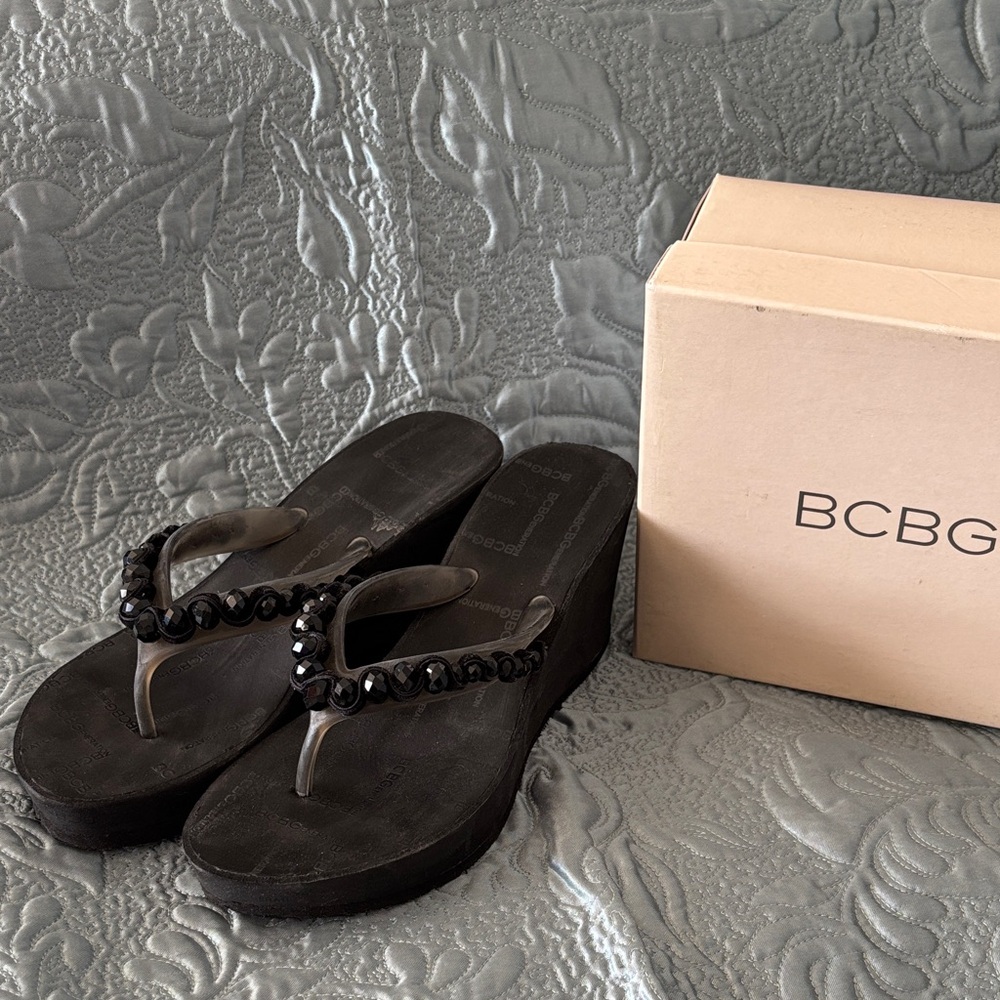 BCBG Black Wedge Sandals with Beaded Straps